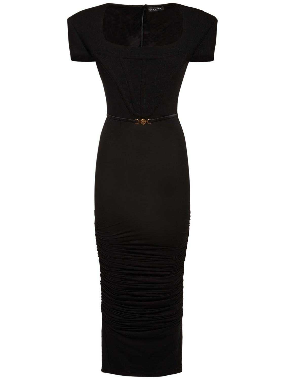VERSACE Side Drape Belted Jersey Midi Dress in black