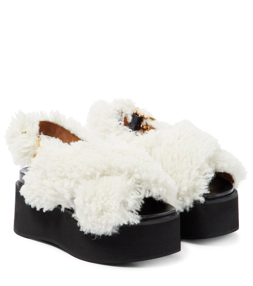 Marni Shearling-trimmed leather sandals in black