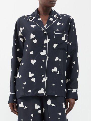 marni - heart-print silk pyjama shirt - womens - black white
