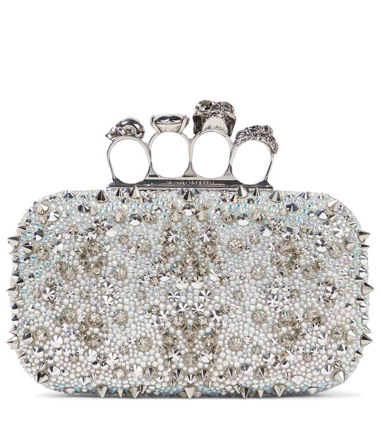 Alexander McQueen Skull Four Ring embellished clutch in silver
