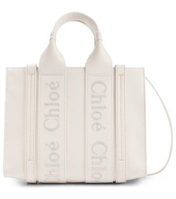 chloe woody small leather tote in white