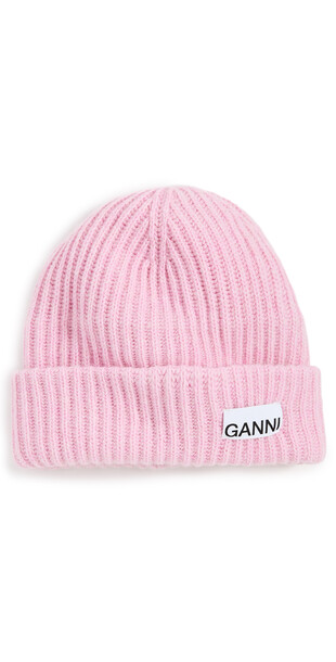 GANNI Rib Knit Beanie in pink