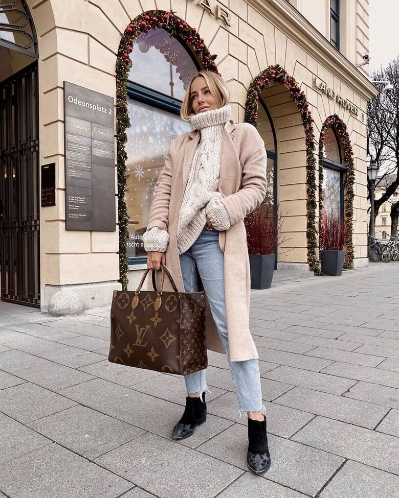 sweater, turtleneck sweater, oversized, cable knit, mom jeans, louis vuitton  bag, beige coat - Wheretoget