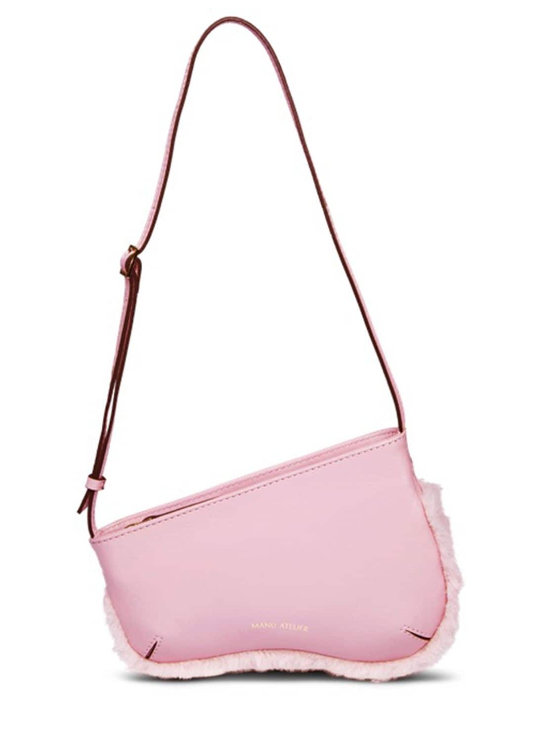 MANU ATELIER Mini Curve Leather & Faux Fur Bag in pink
