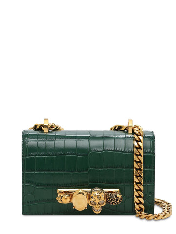 alexander mcqueen mini jeweled croc embossed shoulder bag in emerald