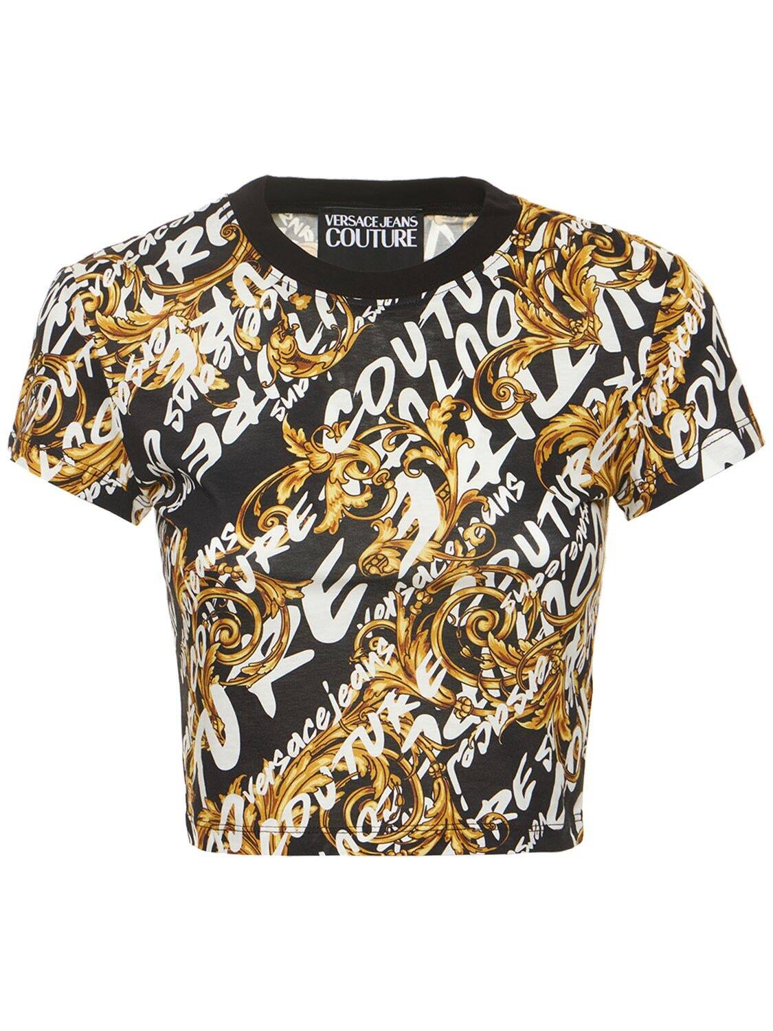 VERSACE JEANS COUTURE Printed Jersey Cropped T-shirt in black / multi