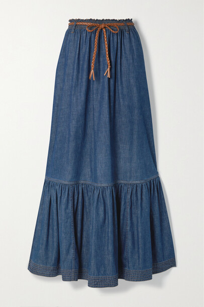 Zimmermann - Moonshine Belted Tiered Denim Maxi Skirt - Blue