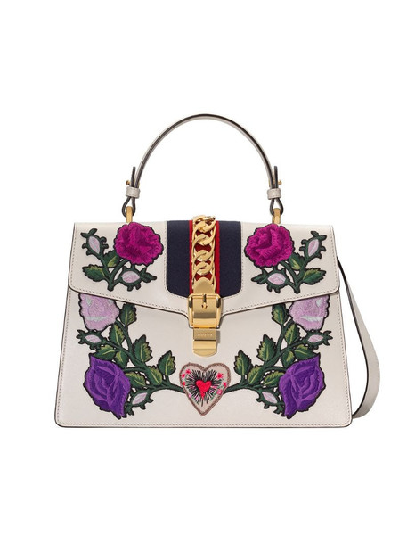 Gucci White Embroidered Sylvie Medium Tote bag