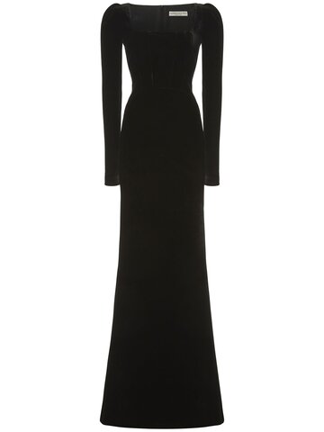 alessandra rich square neck velvet long evening dress in black