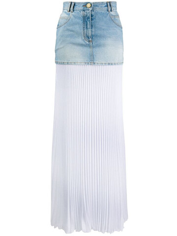 Balmain bi-material pleated denim skirt in blue