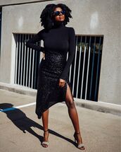 skirt,black skirt,sequin skirt,midi skirt,asymmetrical skirt,sandal heels,black turtleneck top