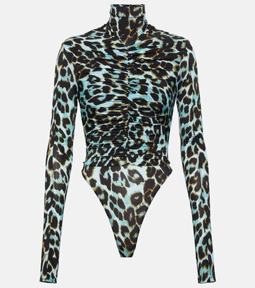 Alex Perry Ruched leopard-print jersey bodysuit in blue