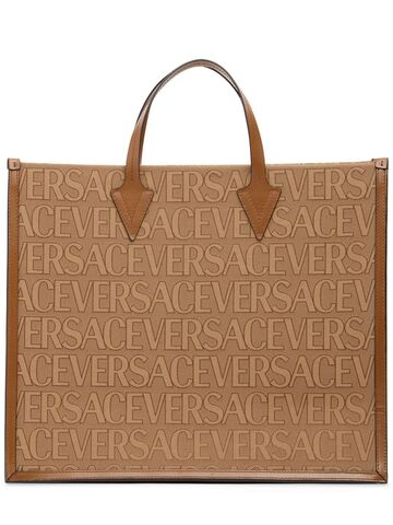 versace large fabric & leather tote bag in brown / beige
