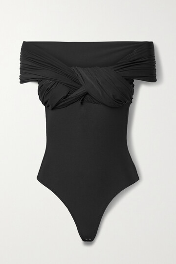 goldsign - the odette off-the-shoulder twist-front ruched stretch-jersey thong bodysuit - black