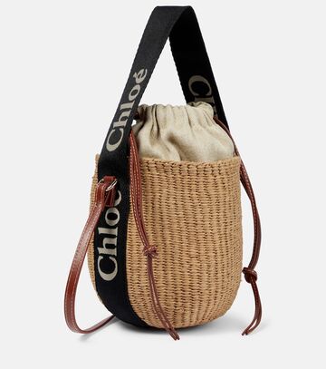 chloe chloé woody mini leather-trimmed bucket bag in beige
