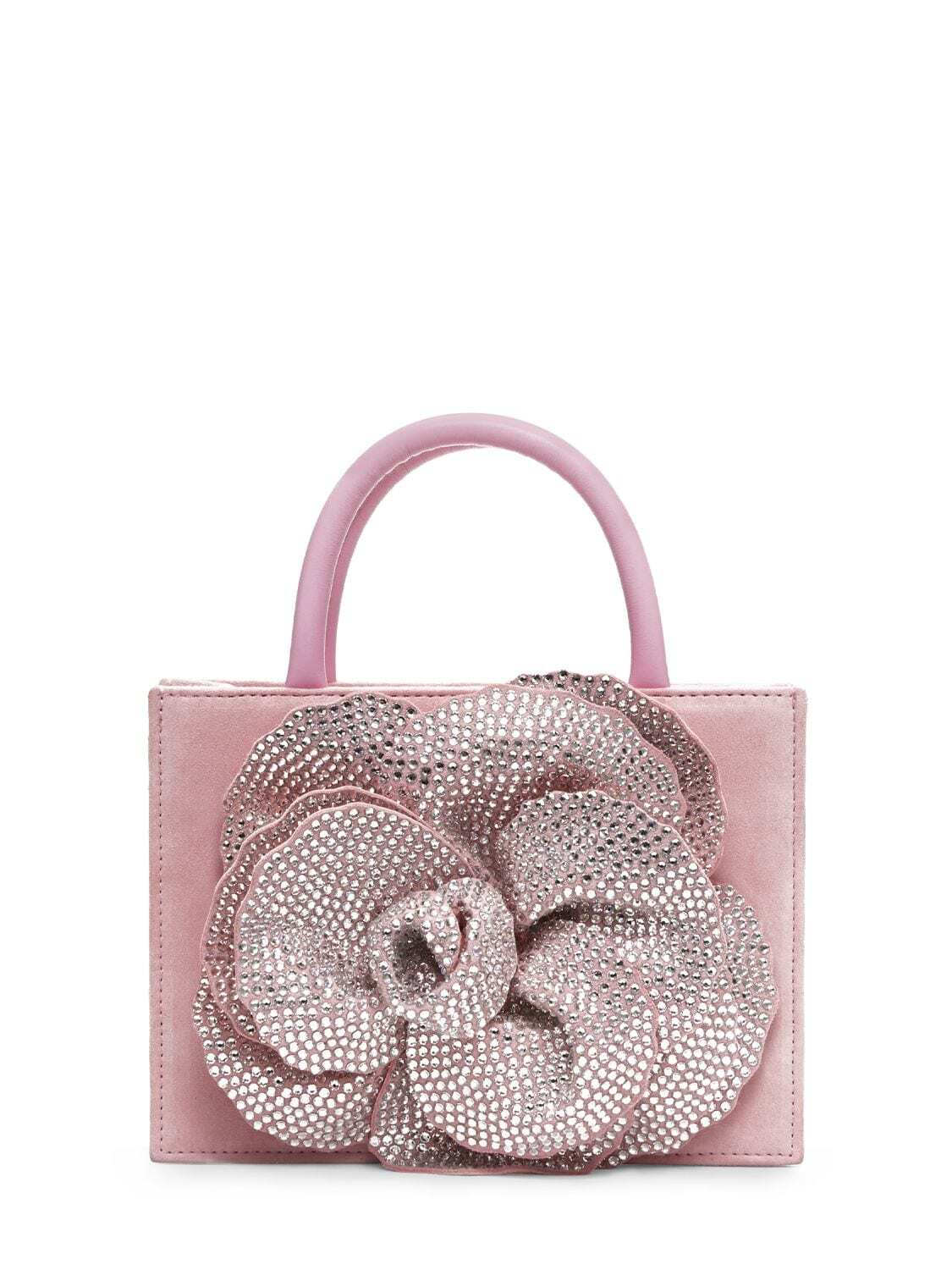 MACH & MACH Flower Satin & Crystal Top Handle Bag in pink