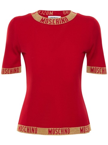 MOSCHINO Wool Knit Top W/ Logo Trim in gold / red