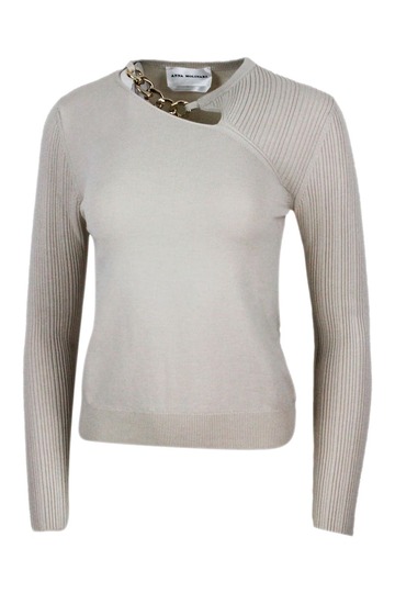 Anna Molinari Crewneck Sweater In Wool Blend With Opening On The Neckline And With Jewel Necklace in beige