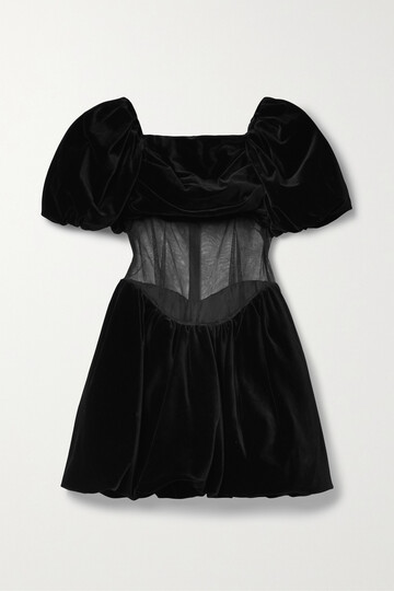 simone rocha - tulle-trimmed draped cotton-velvet mini dress - black