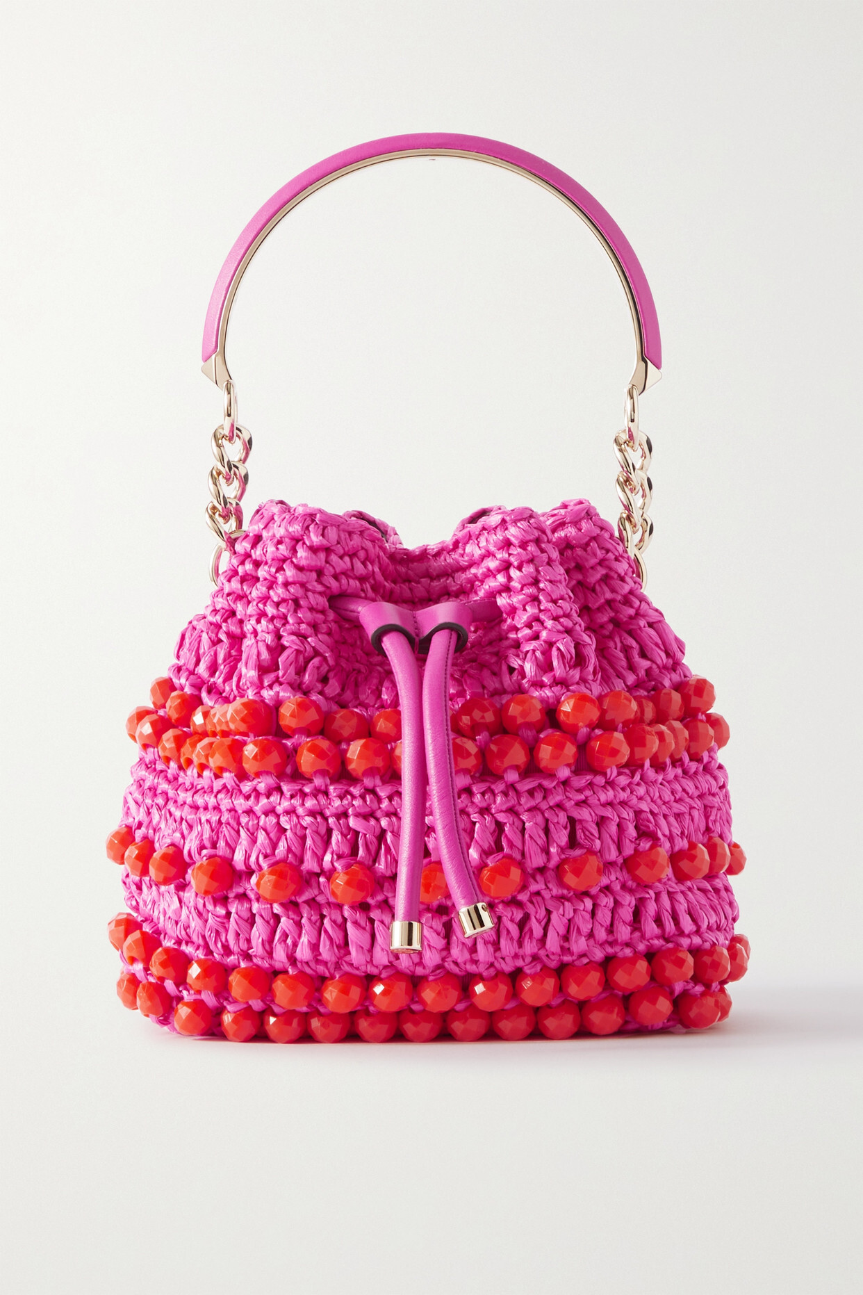 Jimmy Choo - Bon Bon Leather-trimmed Bead-embellished Raffia Bucket Bag - Pink