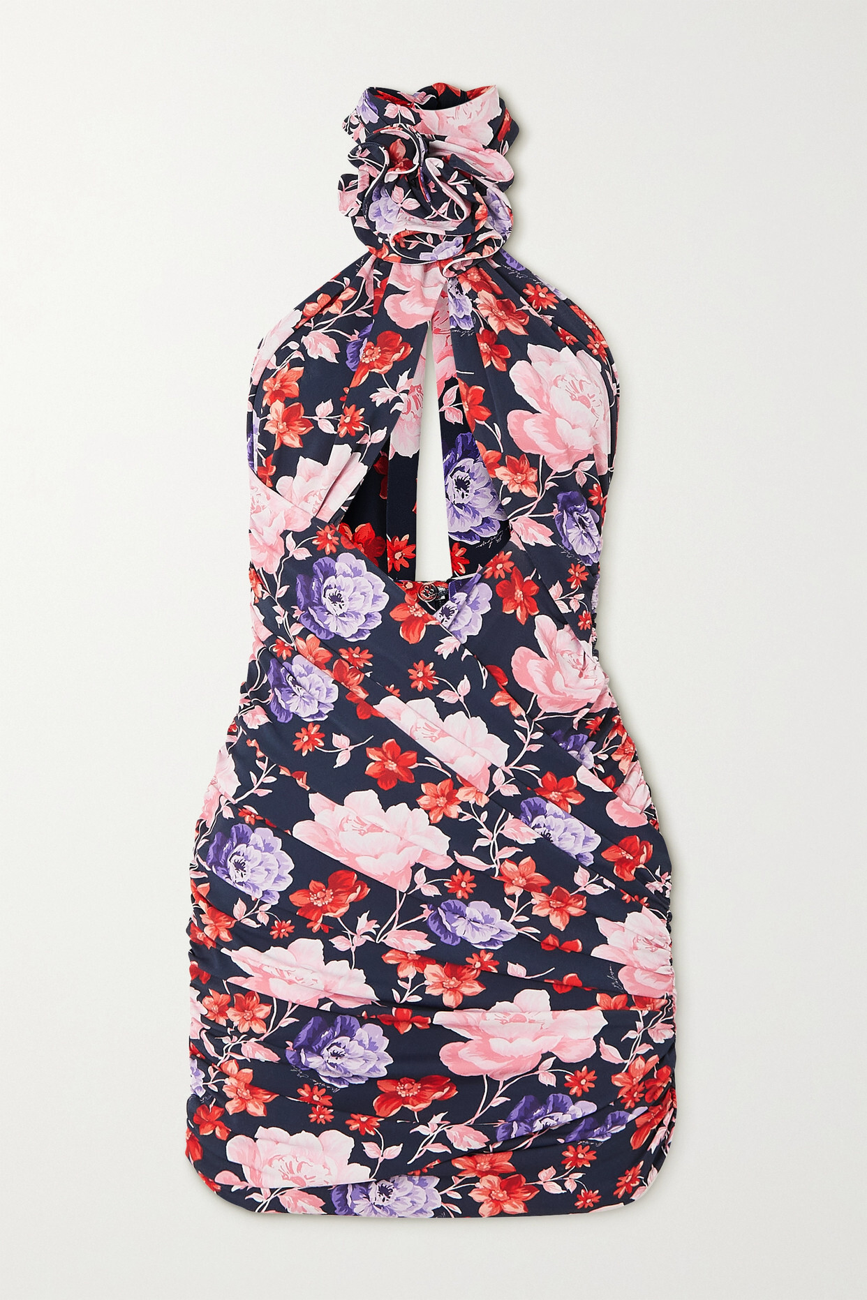 Magda Butrym - Ruched Cutout Floral-print Stretch-jersey Halterneck Mini Dress - Blue