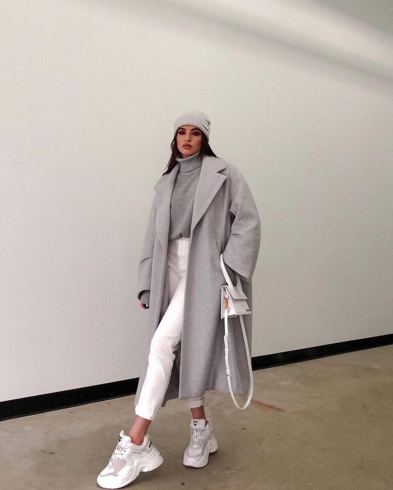coat grey coat oversized zara sneakers white jeans turtleneck sweater white bag