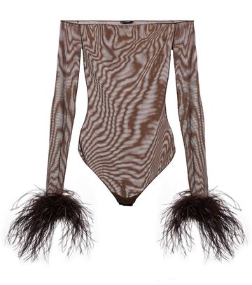 Oséree Feather-trimmed mesh bodysuit in brown