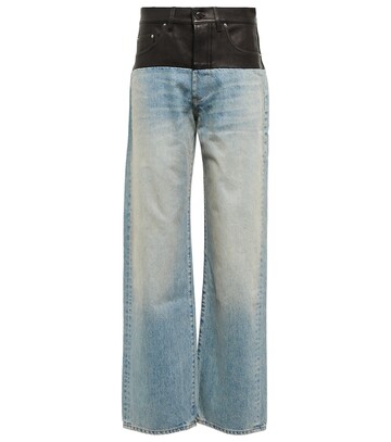 amiri high-rise cotton and leather jeans in blue