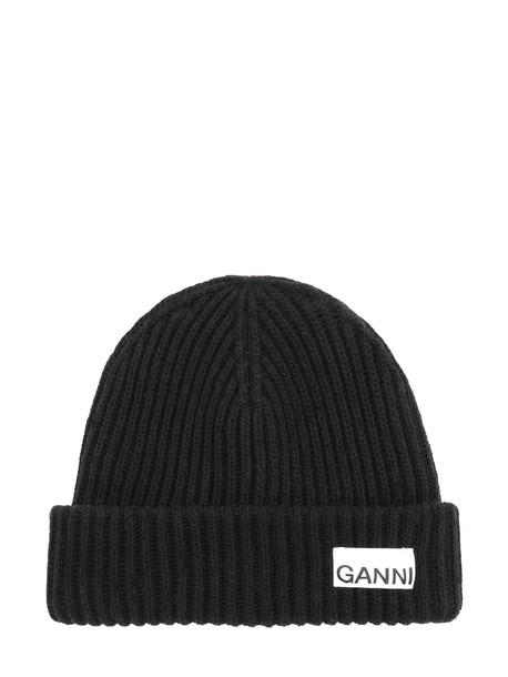 GANNI Recycled Wool Blend Knit Beanie in black