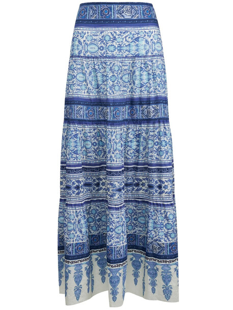 JOHANNA ORTIZ Aromatic Song Cotton Poplin Midi Skirt in blue / ecru