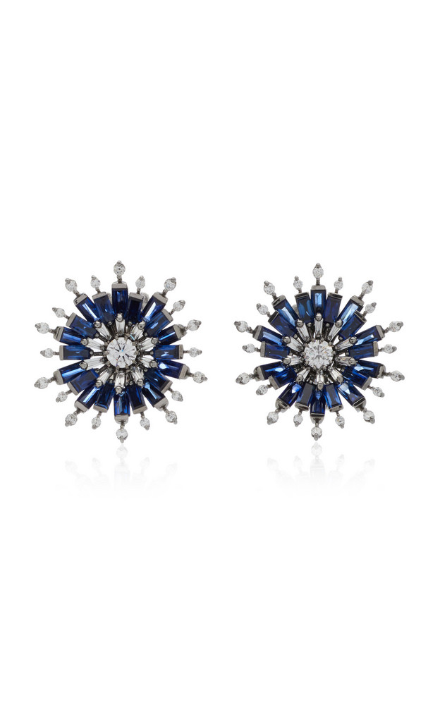 Nam Cho Flower 18K White Gold Sapphire and Diamond Earrings in blue