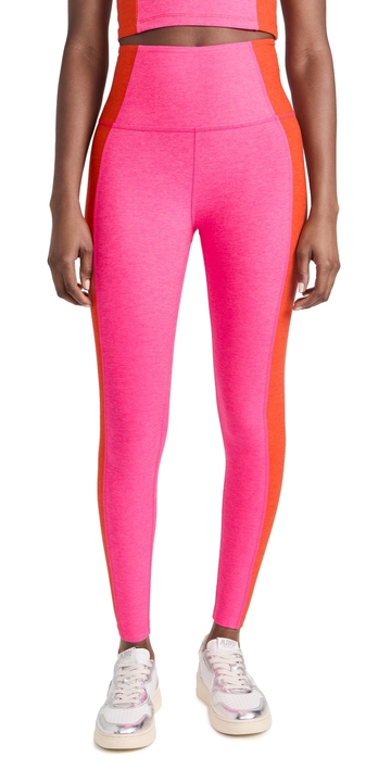beyond yoga spacedye vitality colorblock high waisted leggings pink punch/firecracker m
