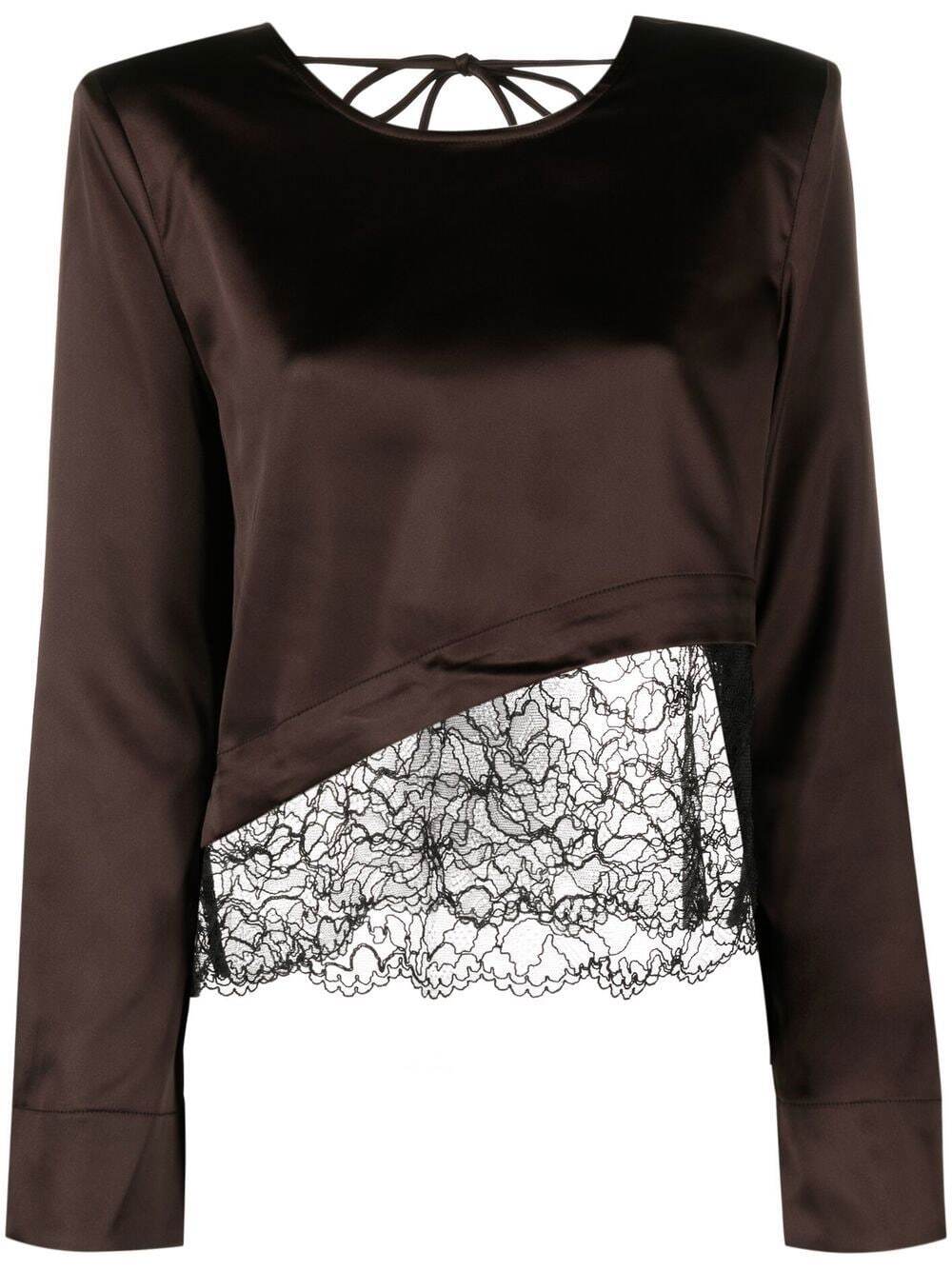 GANNI lace-panel blouse - Brown
