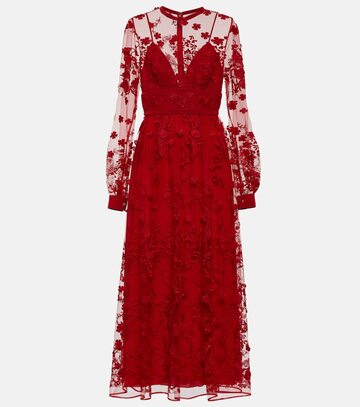 elie saab embroidered tulle midi dress in red