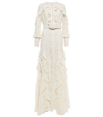 Costarellos Patrice belted ruffled lace gown in white