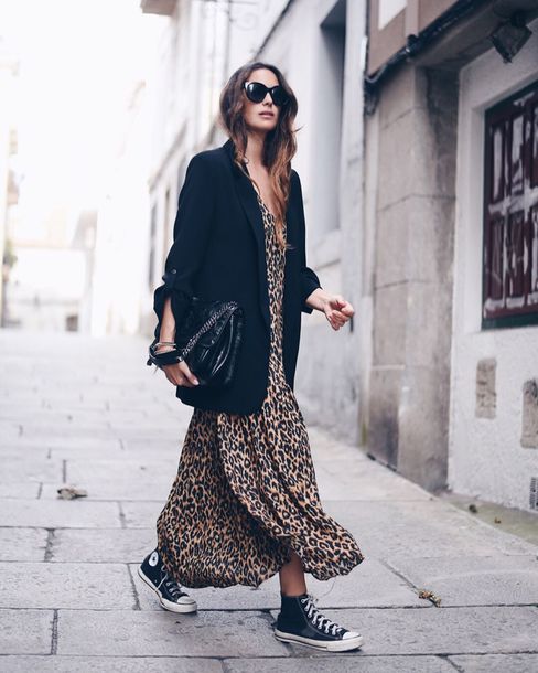 dress, maxi dress, leopard print, converse, black blazer, black bag, black  sunglasses - Wheretoget