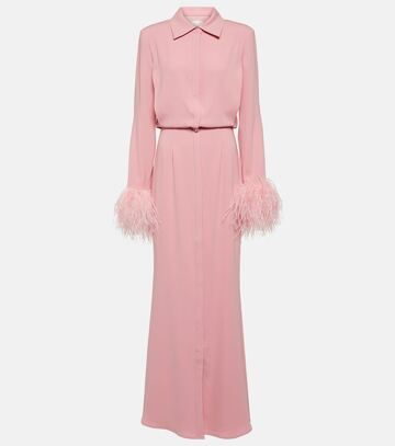 roland mouret feather-trimmed crêpe maxi shirt dress in pink