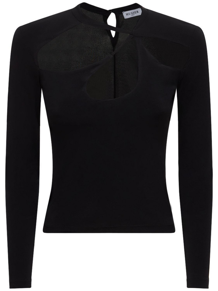 MUSIER PARIS Asymmetric Jersey Long Sleeve Top in black