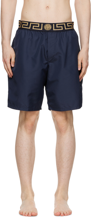 versace underwear navy greca border swim shorts in blue