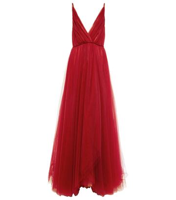 costarellos v-neck layered tulle gown in red