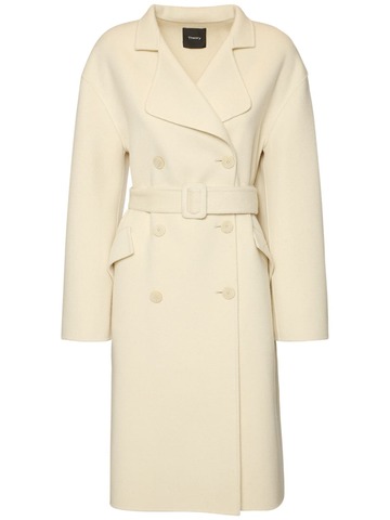 THEORY Double Breasted Belted Wool Coat in white