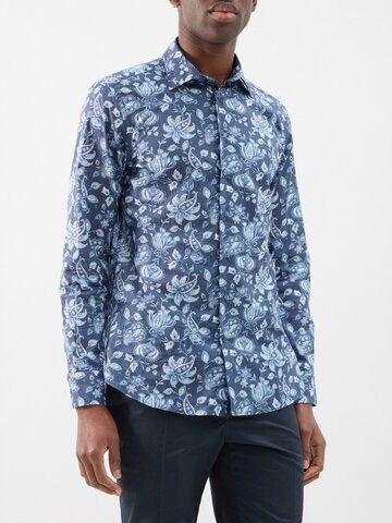 etro - paisley-print cotton slim-fit shirt - mens - blue multi