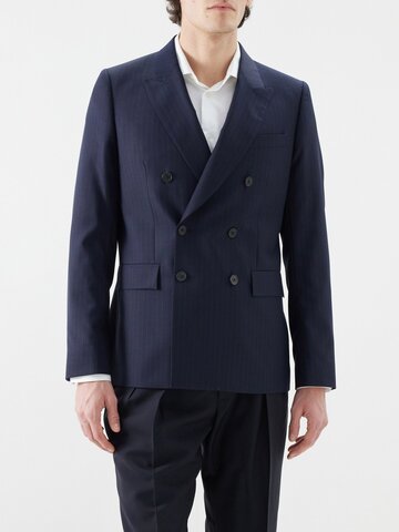 paul smith - double-breasted pinstriped-wool suit jacket - mens - dark navy