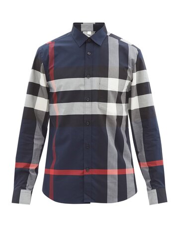 burberry - somerton maxi-check cotton-blend twill shirt - mens - navy