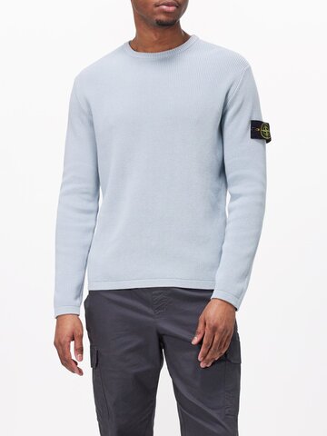 stone island - logo-patch ribbed-knit cotton sweater - mens - blue