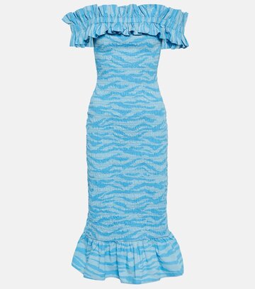 ganni printed cotton midi dress in blue