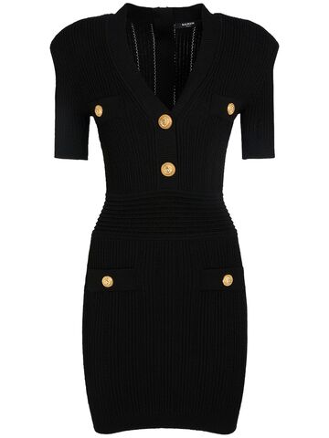 balmain short sleeve v-neck knit mini dress in black