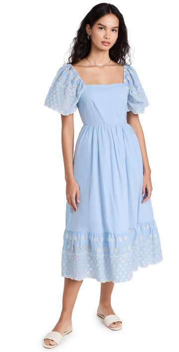 English Factory Embroidered Midi Dress with Scalloped Hem in blue