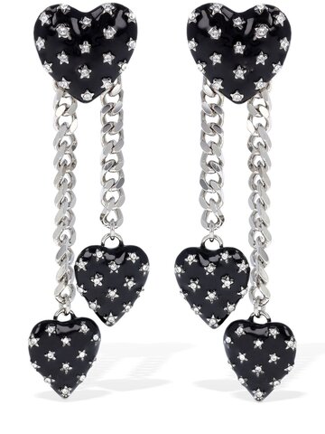 ALESSANDRA RICH Heart W/ Chain Pendant Clip-on Earrings in black / silver