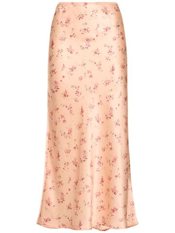 reformation layla printed long silk skirt in pink / multi
